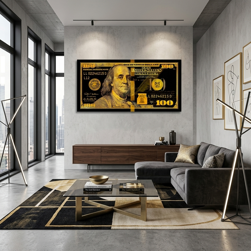 100 Dollar Schein Schwarz und Gold Motivierender Leinwand-Kunstdruck