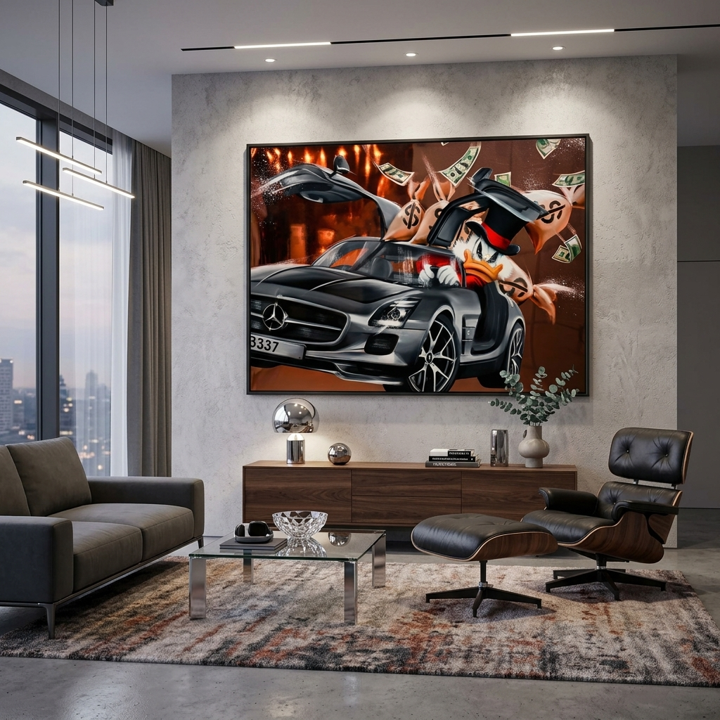 Inspirierender Kunstdruck auf Leinwand, Motiv „Scrooge Mercedes“