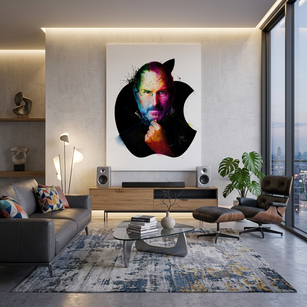 Kunstdruck auf Leinwand mit dem Apple-Logo von Steve Jobs auf weißem Hintergrund