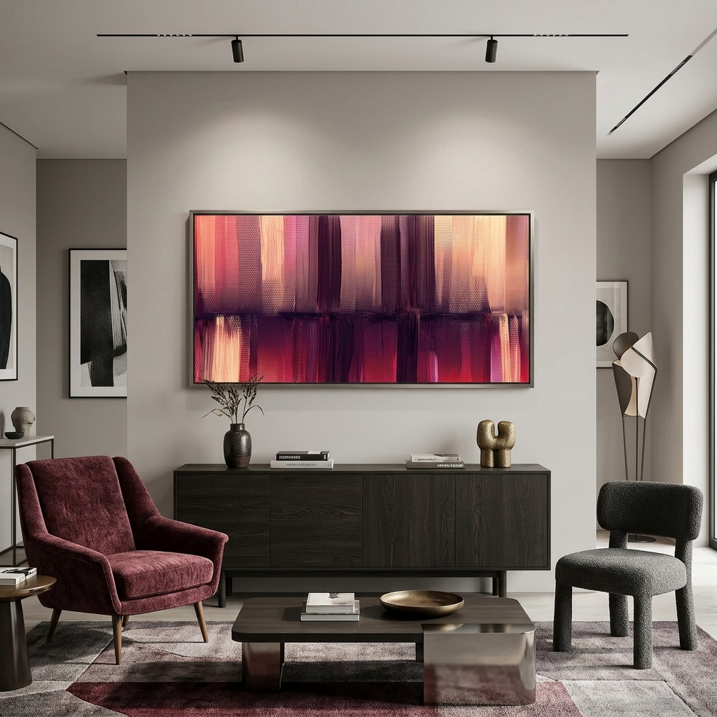 Vertikale Linien in Beige, Lila und Rot – Abstrakter Kunstdruck auf Leinwand