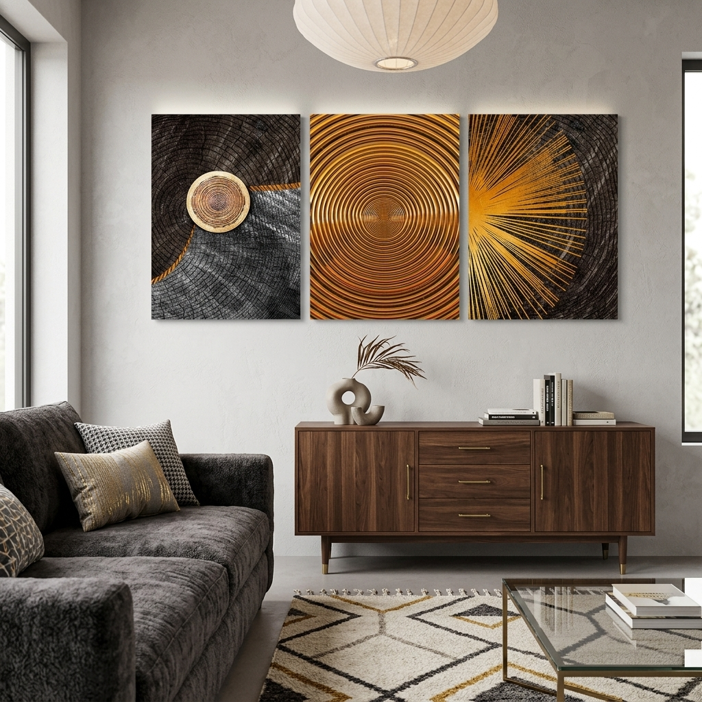 Modularer Kunstdruck auf Leinwand, mehrere Teile, in dunklen und goldenen Farbtönen