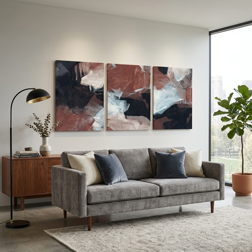 Modularer abstrakter Kunstdruck auf mehrteiligem Leinwandbild in Schwarz, Weiß und Braun