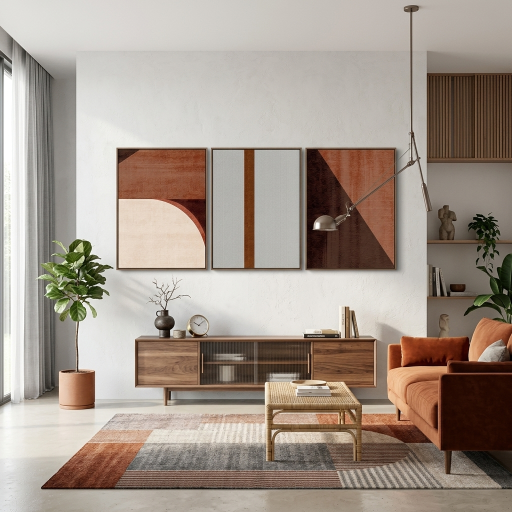 Modulares abstraktes Bild mit einer ausgeprägten braunen Farbe. Mehrteiliger Kunstdruck auf Leinwand