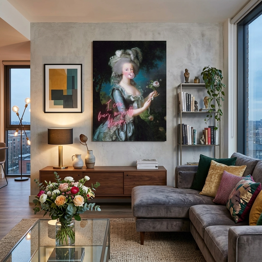 Kunstdruck auf Leinwand, Marie Antoinette. Ich werde mir Blumen kaufen