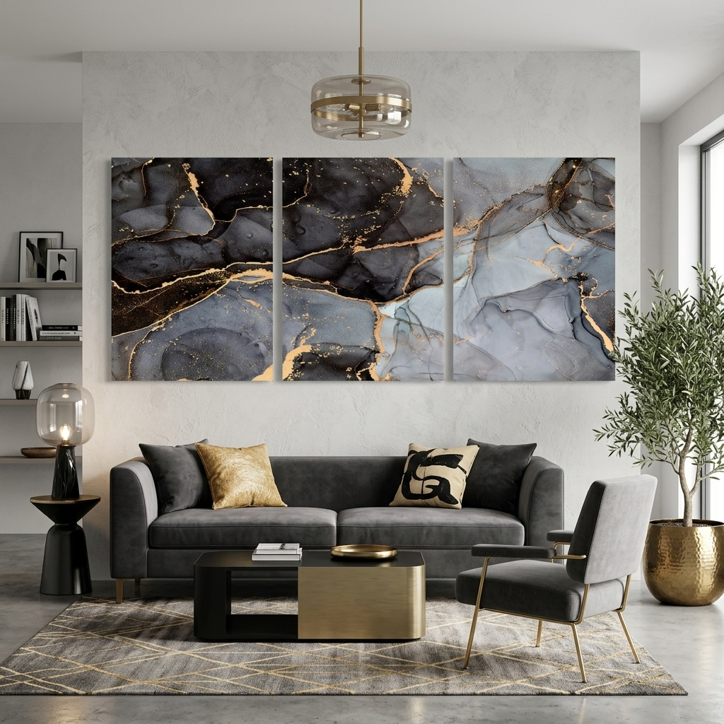 Modularer abstrakter Kunstdruck auf Leinwand, mehrere Teile, grau und schwarz