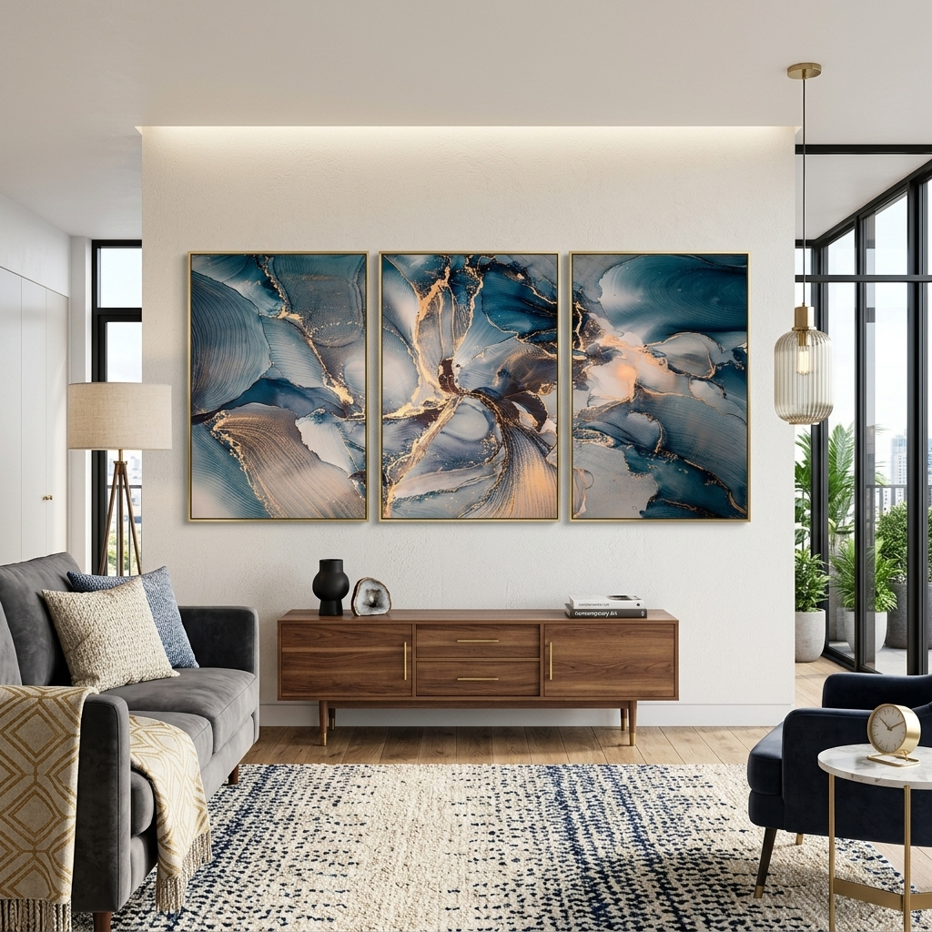 Modularer, graublauer abstrakter Kunstdruck mit goldenen Elementen, mehrere Teile auf Leinwand