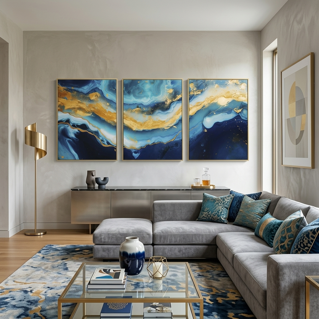 Mehrteiliger Kunstdruck auf Leinwand, Blauer Marmor mit Gold