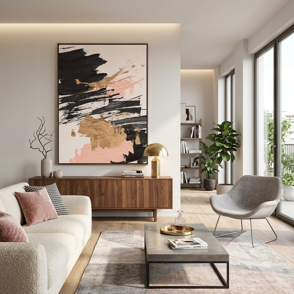 Striche in Schwarz- und Rosatönen mit GoldAbstraktion Leinwand Wand Kunstdruck