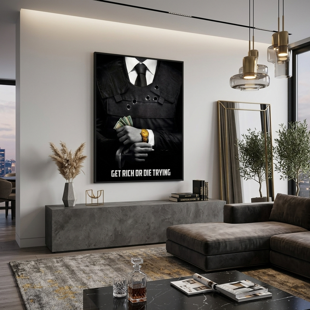 Ein Mann im Anzug mit Geld in den Händen und einer goldenen Uhr am Handgelenk mit der Aufschrift „Motivational“ auf Leinwand.