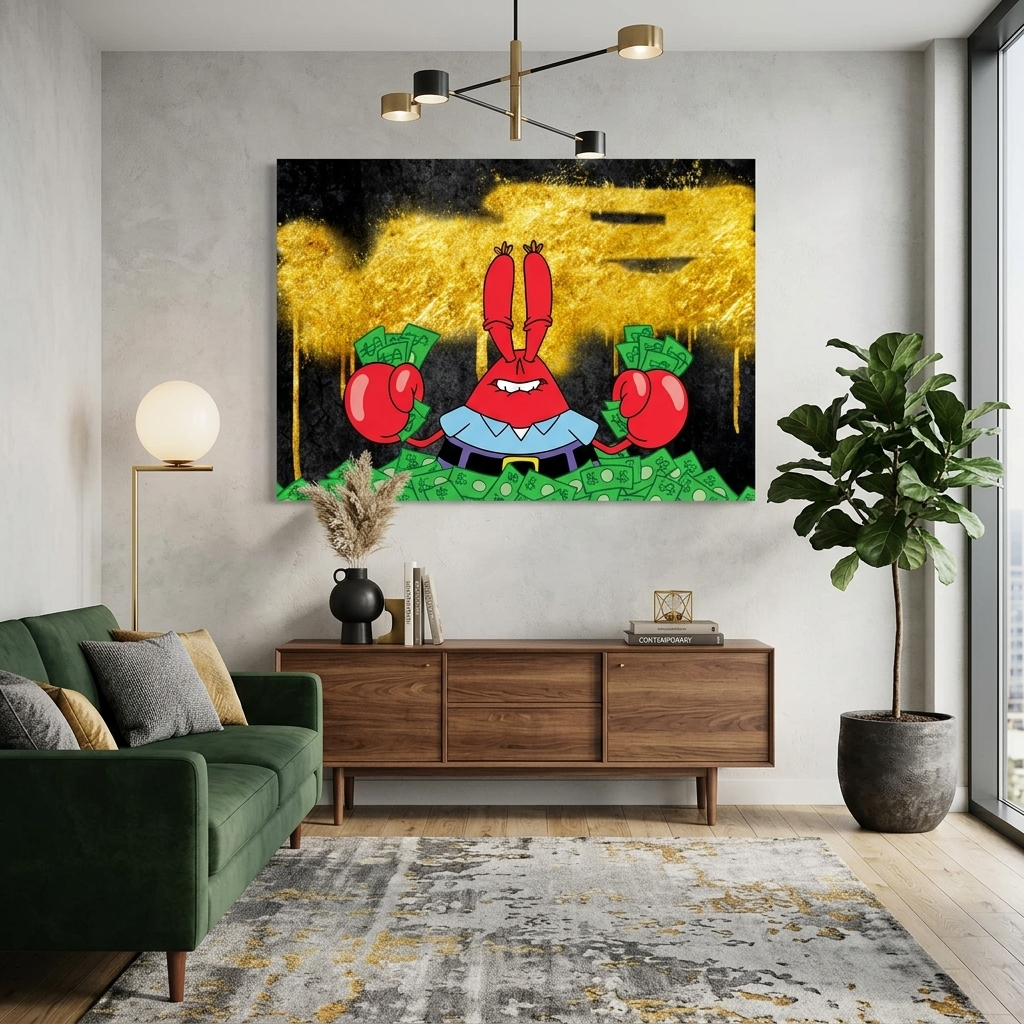 Mr. Krabs in a pile of money on a black and gold background Inspirational Canvas Wall Art Print