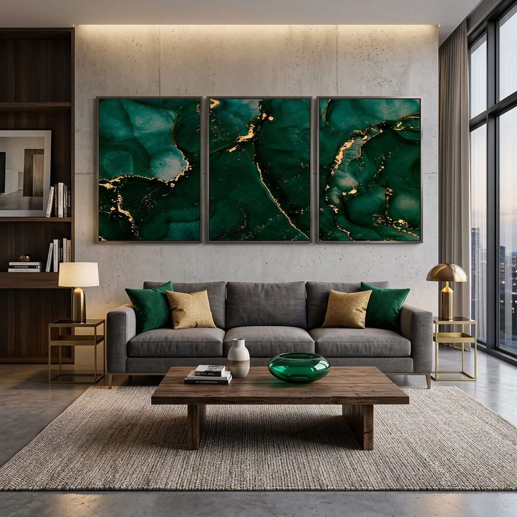 Modularer abstrakter Kunstdruck auf Leinwand, mehrere Teile, Grün und Gold