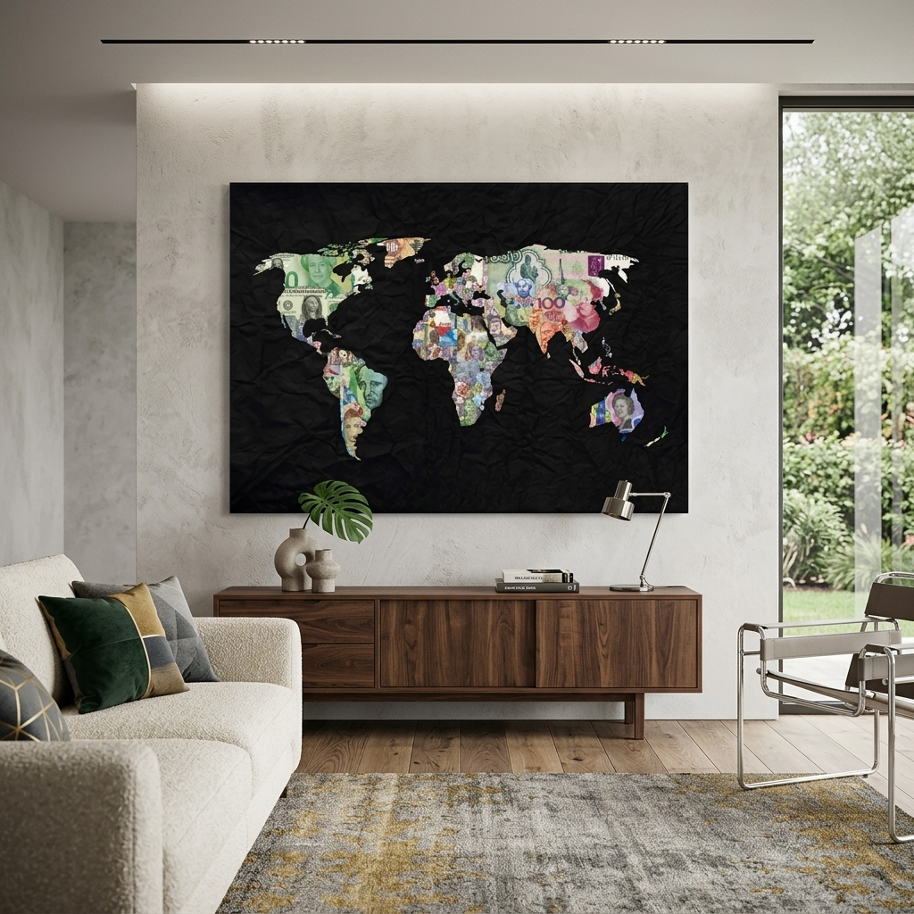 World map with money on black background Canvas Wall Art Print