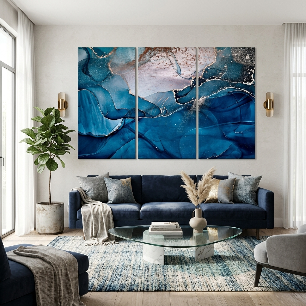 Modularer blau-grauer Abstraktions-Kunstdruck auf Leinwand, mehrere Teile