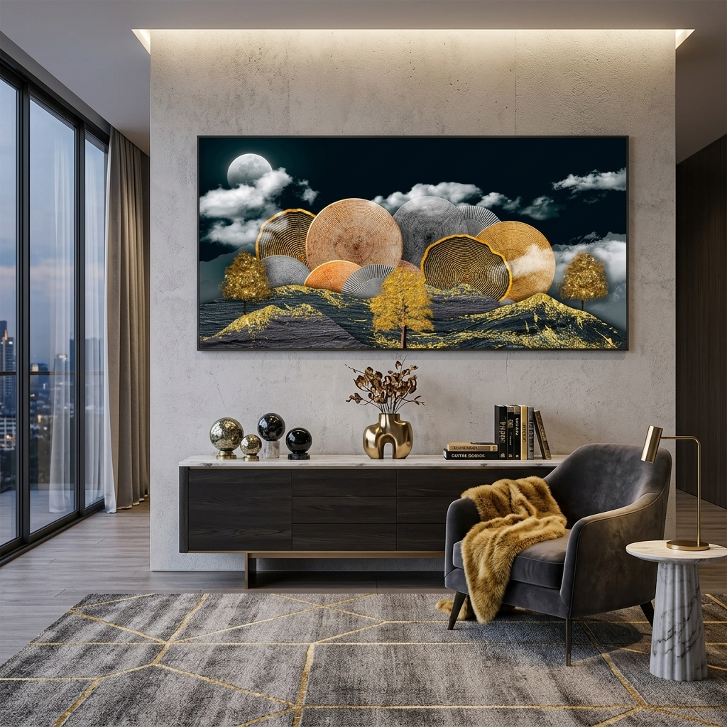 Bergbäume in Gold- und Grautönen Abstrakter Kunstdruck auf Leinwand
