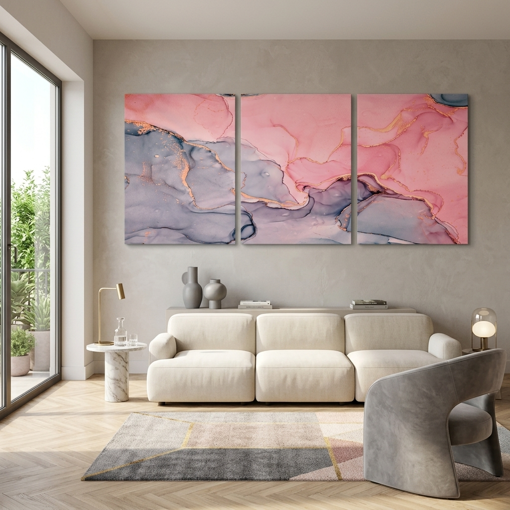 Modularer abstrakter Kunstdruck auf mehrteiliger Leinwand in Grau und Rosa