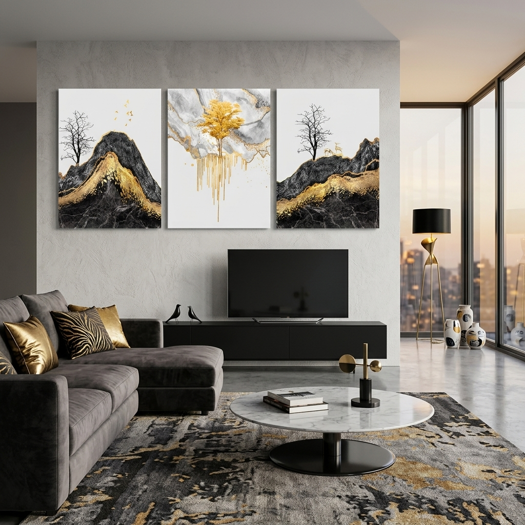 Modulares abstraktes Bild mit kräftiger goldener Farbe. Mehrteiliger Kunstdruck auf Leinwand.