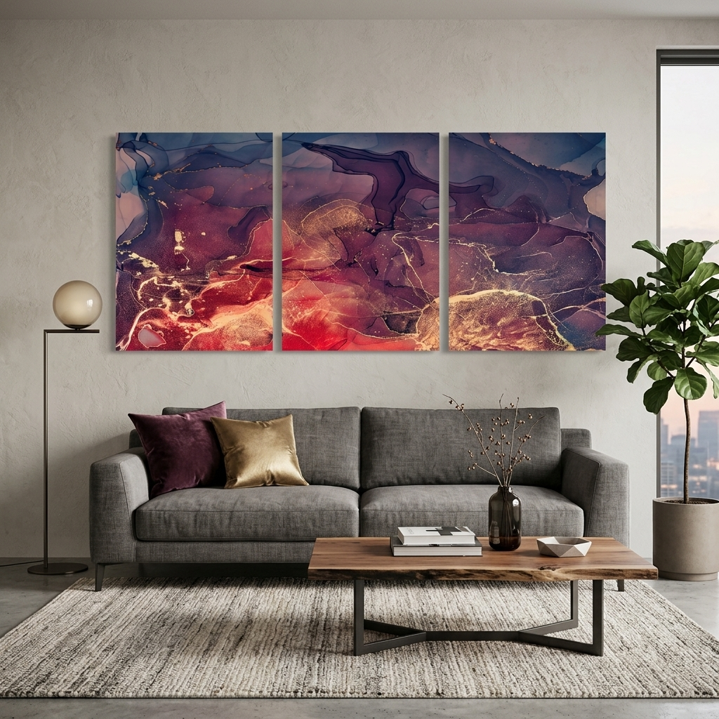 Modularer abstrakter Kunstdruck auf Leinwand, mehrteilig, Violett und Rot