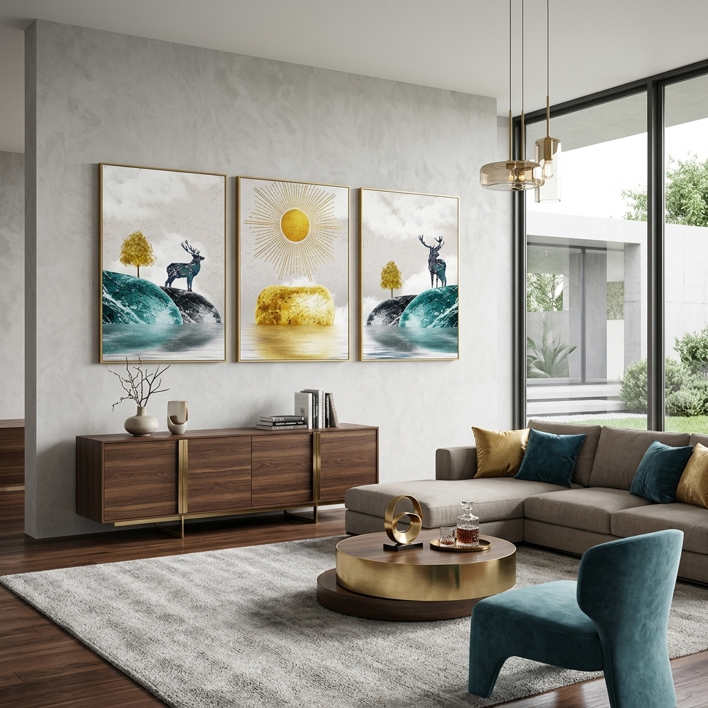 Mehrteiliger Kunstdruck auf Leinwand, Sonne zwischen zwei Hügeln