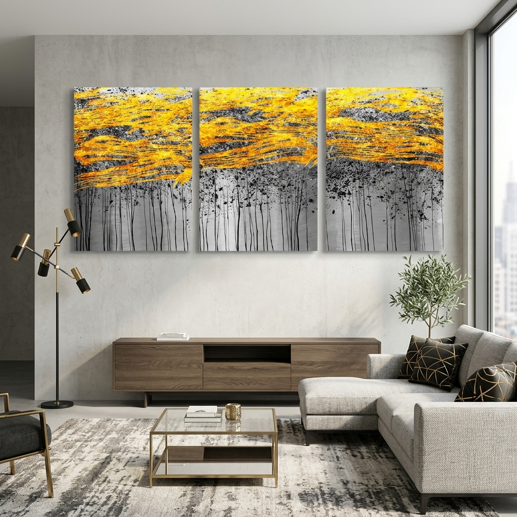 Modularer Kunstdruck auf Leinwand, abstraktes Gold mit Grautönen, mehrere Teile