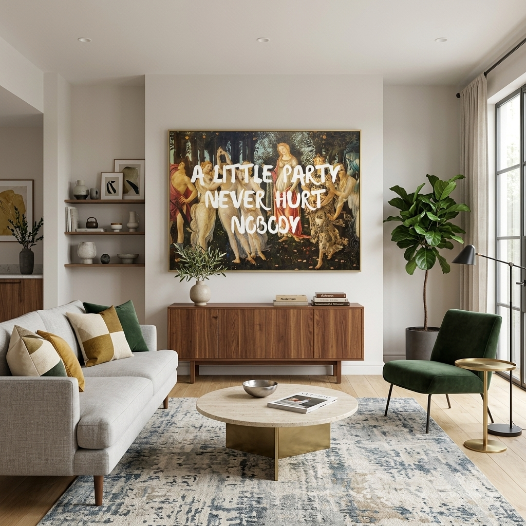 Kunstdruck auf Leinwand, „Eine kleine Party hat noch nie jemandem geschadet“.