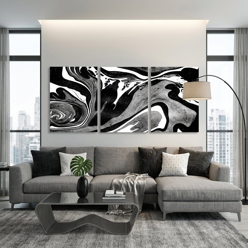 Modularer schwarz-grau-weißer abstrakter mehrteiliger Kunstdruck auf Leinwand