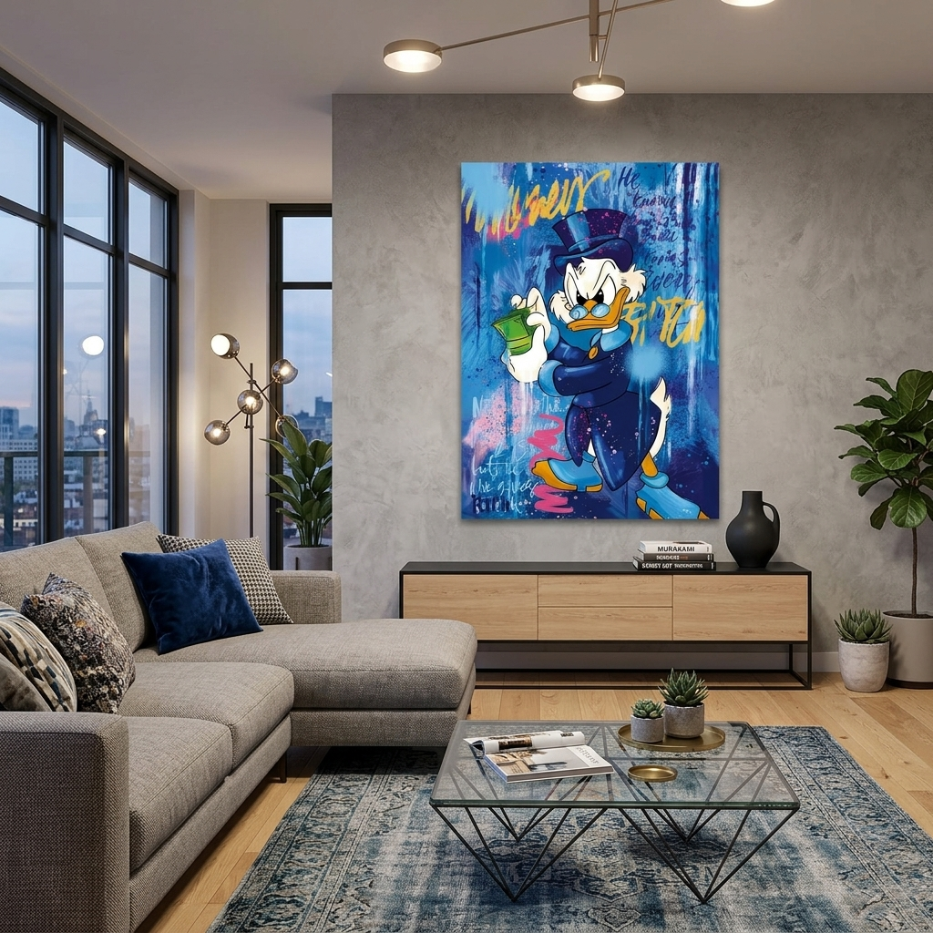 Scrooge mit einem Bündel Geld Inspirierender Kunstdruck auf Leinwand