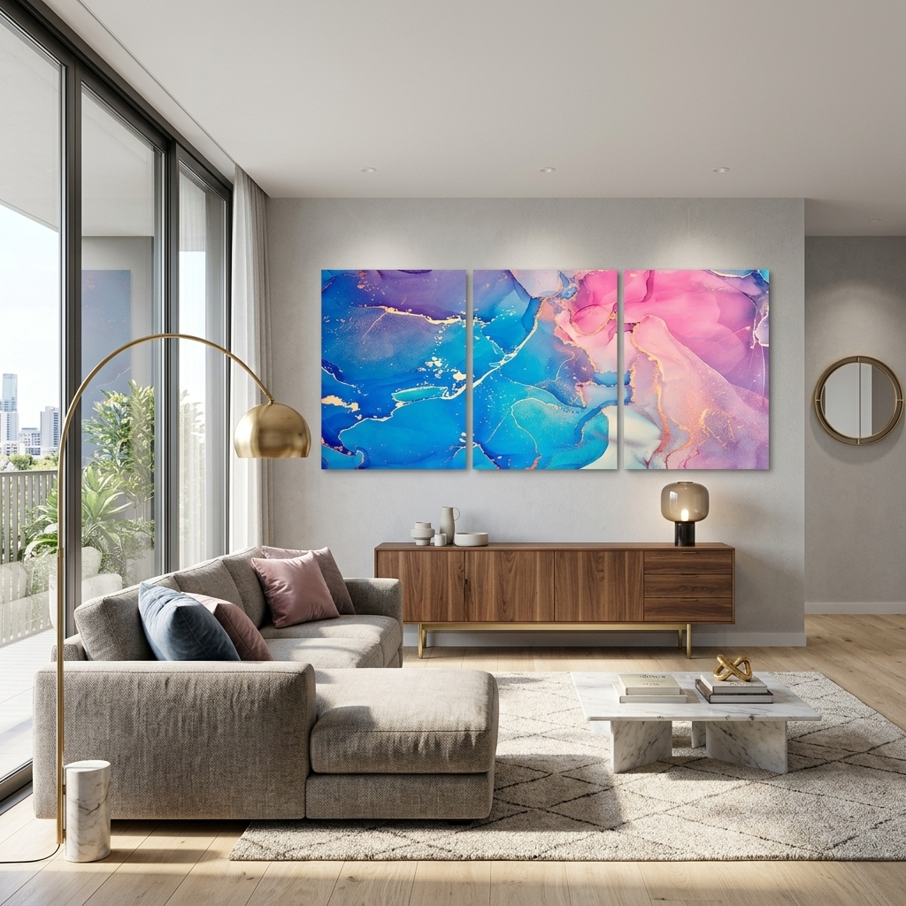Modularer abstrakter Kunstdruck auf Leinwand, mehrteilig, Blau und Rosa