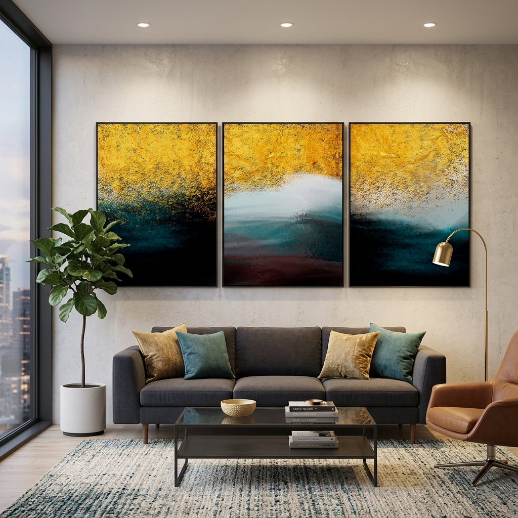 Modulares Wandbild aus drei Teilen in Gold, Weiß und dunklen Farben, mehrteilig, auf Leinwand
