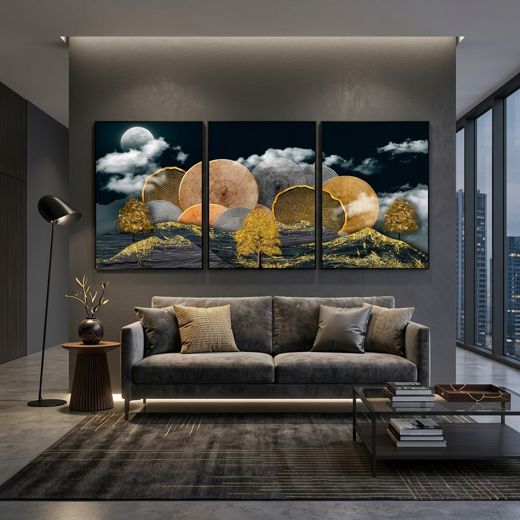 Modularer abstrakter Baum in Gold, mehrteiliger Leinwand-Kunstdruck