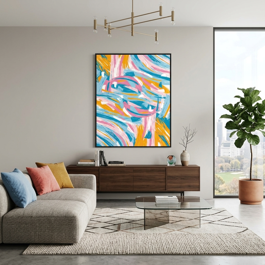 Orange, rosa und blaue Farblinien-Abstraktion. Abstraktion auf Leinwand, Wand-Kunstdruck