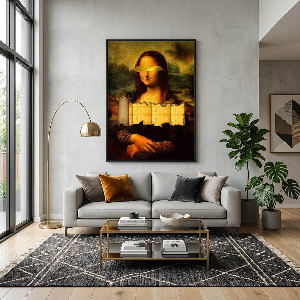 Mona Lisa mit Goldbarren, inspirierender Kunstdruck auf Leinwand