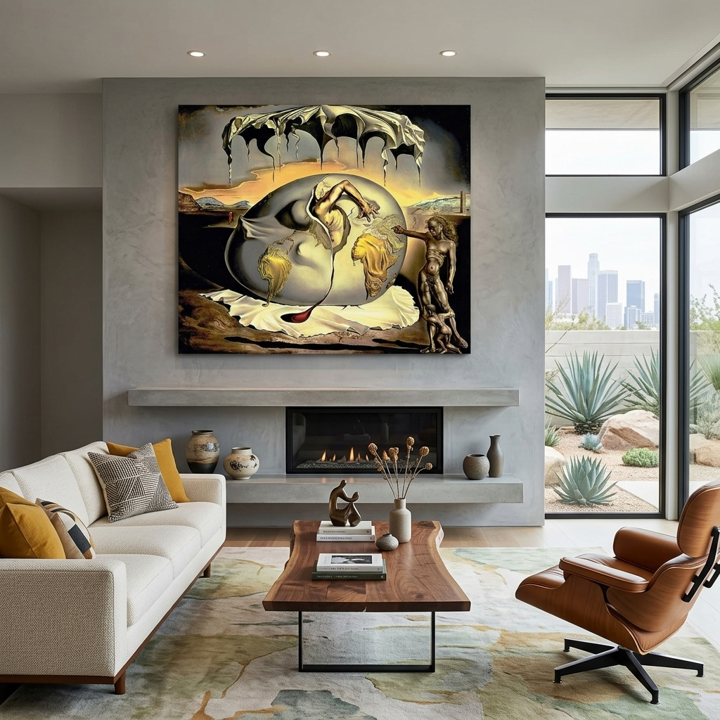 Ein geopolitisches Kind wird Zeuge der Geburt eines neuen Menschen, Reproduktion von Salvador Dali, Kunstdruck auf Leinwand