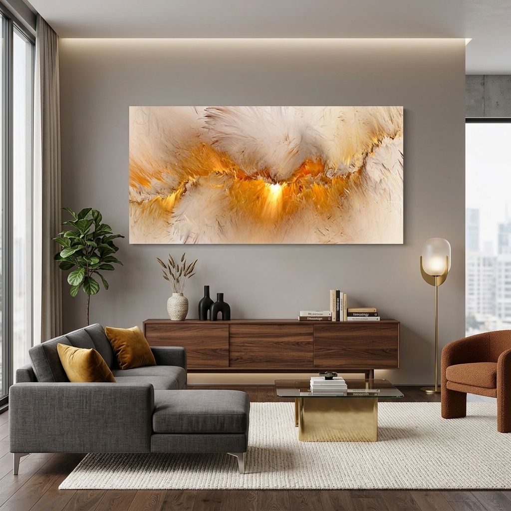 Weißes abstraktes Bild mit leuchtend gelbem Schimmer Abstraktion auf Leinwand, Kunstdruck