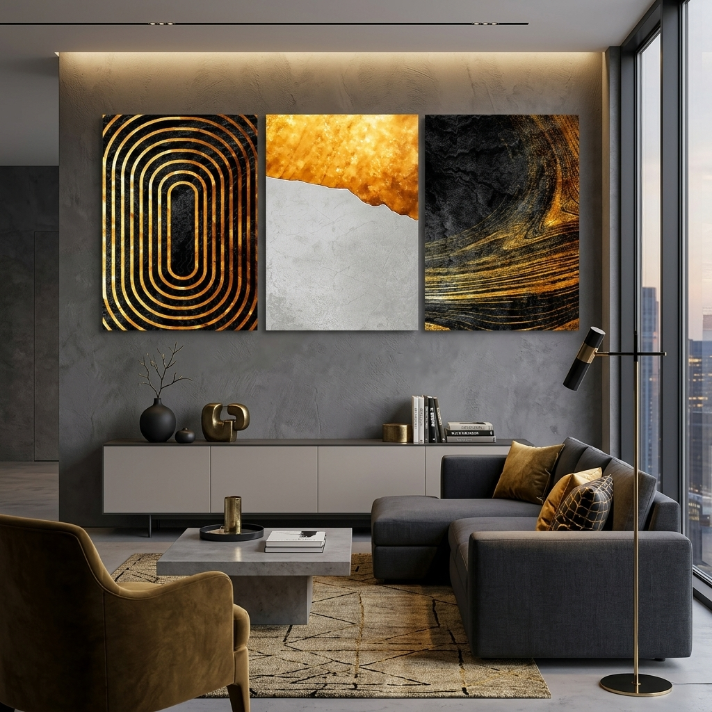 Modularer Kunstdruck auf Leinwand, mehrteilig, Schwarz und Gold mit grauer Abstraktion