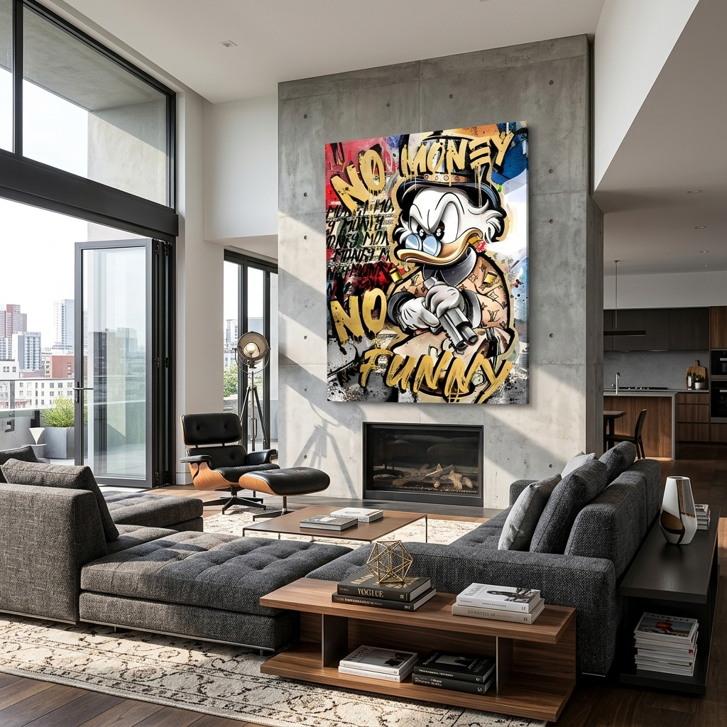 Scrooge imitiert eine Graffiti-Zeichnung. Inspirierender Kunstdruck auf Leinwand.