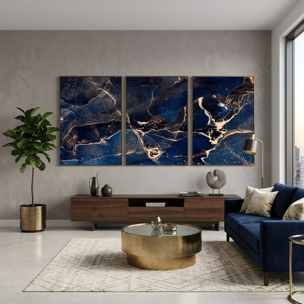 Modular abstract deep blue with gold elements Multi Panel Canvas Wall Art Print