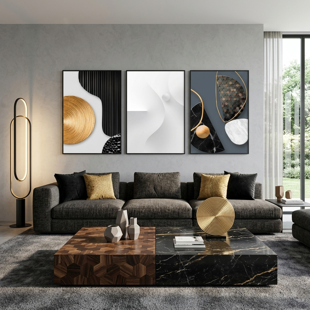 Modularer Kunstdruck auf Leinwand, graue Figuren mit Schwarz- und Goldtönen, mehrere Teile