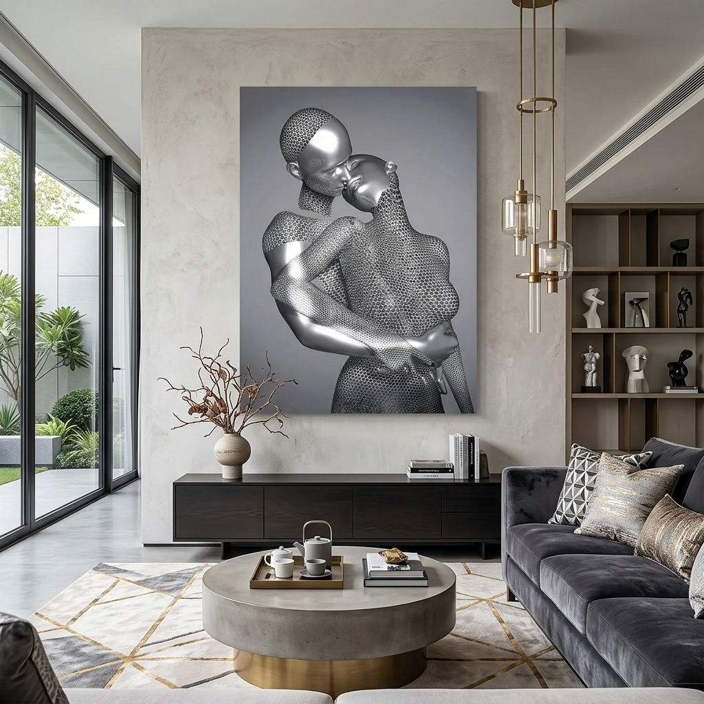 Silberne Statuen auf grauem Hintergrund Leinwand Wand Kunstdruck