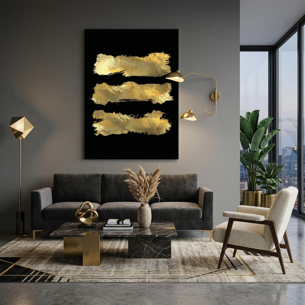 Kunstdruck auf Leinwand mit drei goldenen Linien auf schwarzem Hintergrund