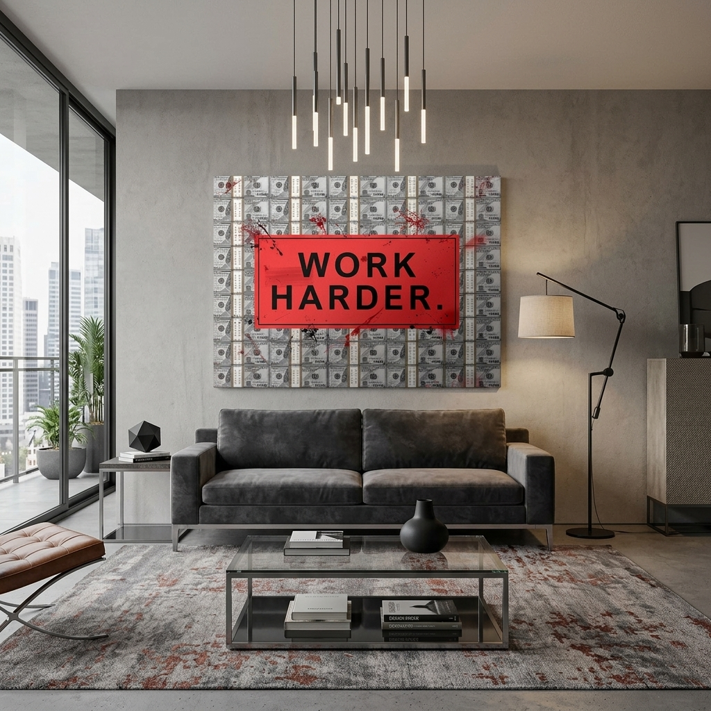 ARBEITEN SIE HÄRTER vor dem Hintergrund der Dollars. Motivierender Kunstdruck auf Leinwand