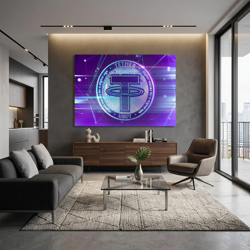 Money cryptocurrencies coin purple Tether USDT Inspirational Canvas Wall Art Print