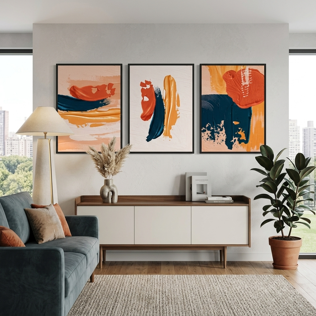 Modularer abstrakter Kunstdruck auf Leinwand, mehrteilig, orange und blau