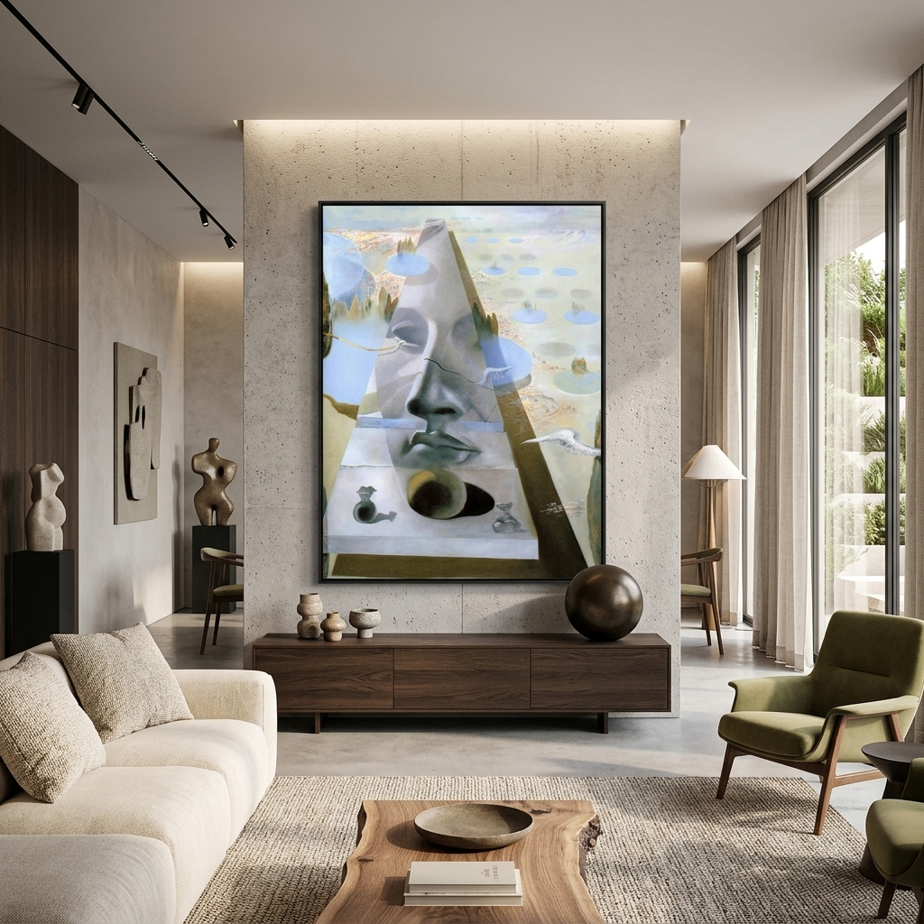 Reproduktion des Aussehens des Gesichts der Aphrodite von Knidos in der Landschaft, Reproduktion von Salvador Dali, Kunstdruck auf Leinwand