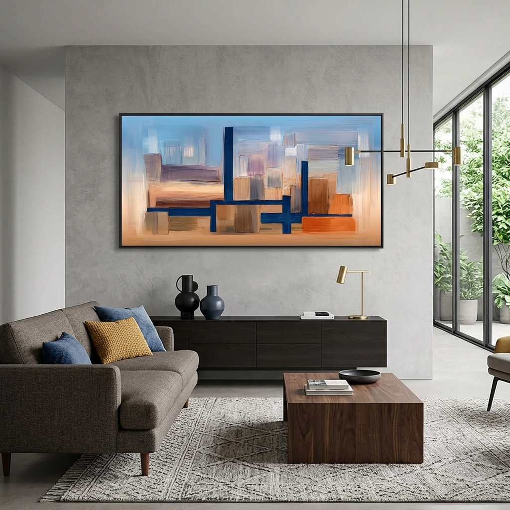 Mit einer ausgeprägten blauen Farbe vor einem Hintergrund aus Blau und Orange Abstraktion Leinwand Wand Kunstdruck