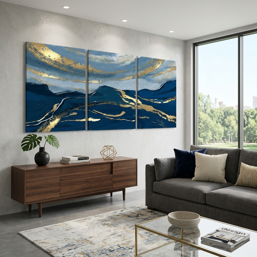 Modularer, abstrakter, tiefblauer, mehrteiliger Kunstdruck auf Leinwand