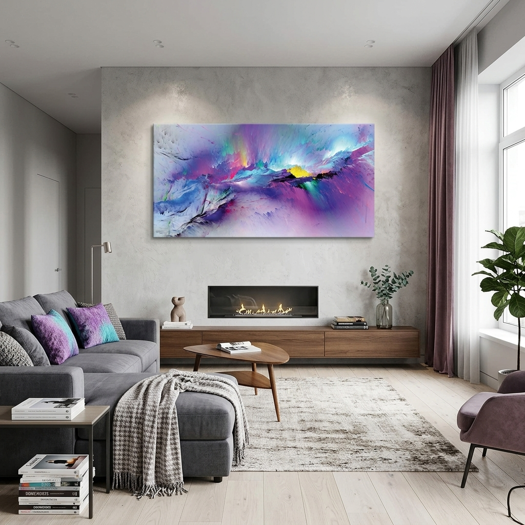 Violett-blaue Abstraktion mit kleinen Details aus Gelb und Rosa Abstraktion auf Leinwand, Kunstdruck
