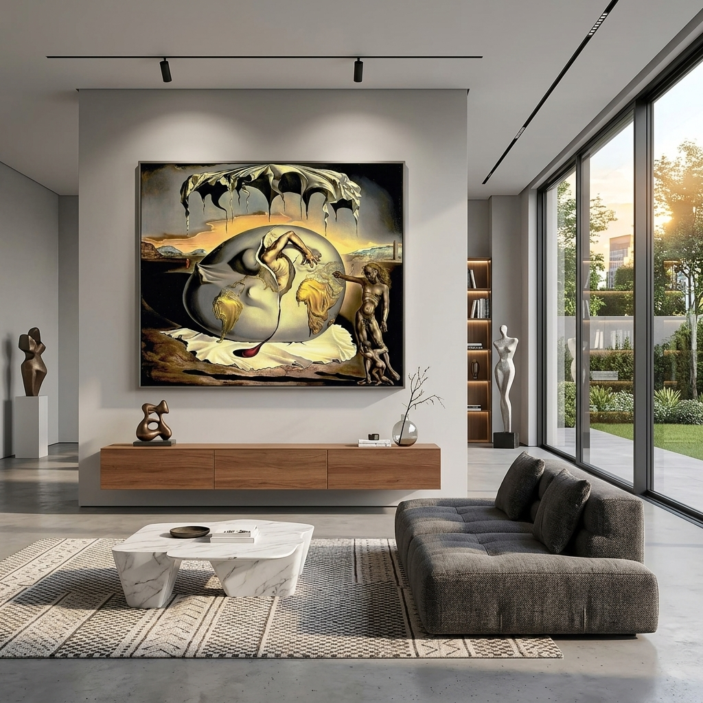 Ein geopolitisches Kind wird Zeuge der Geburt eines neuen Menschen, Reproduktion von Salvador Dali, Kunstdruck auf Leinwand