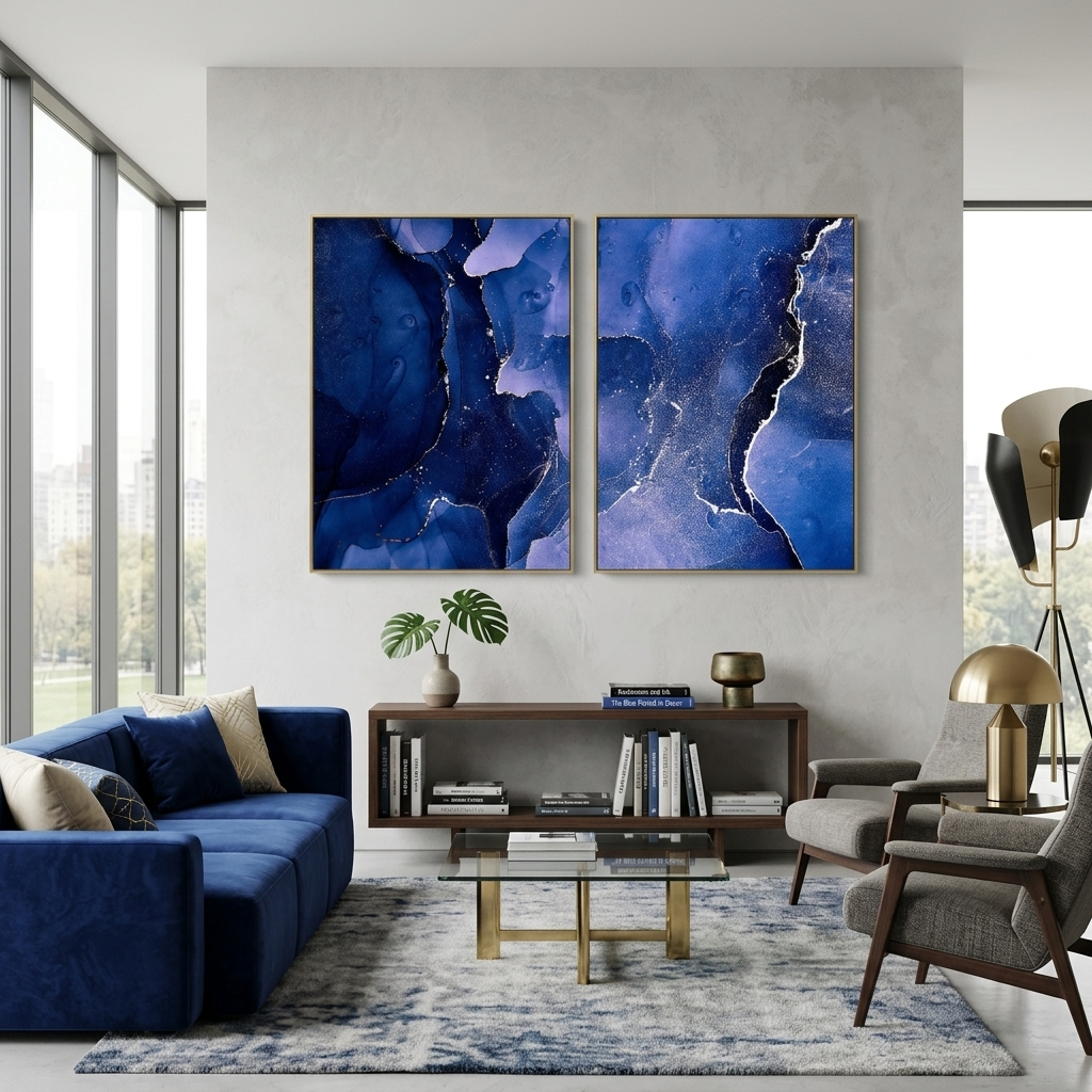 Modularer blauer abstrakter Kunstdruck mit weißen Linien und blauen Farbtönen, mehrteilig, auf Leinwand