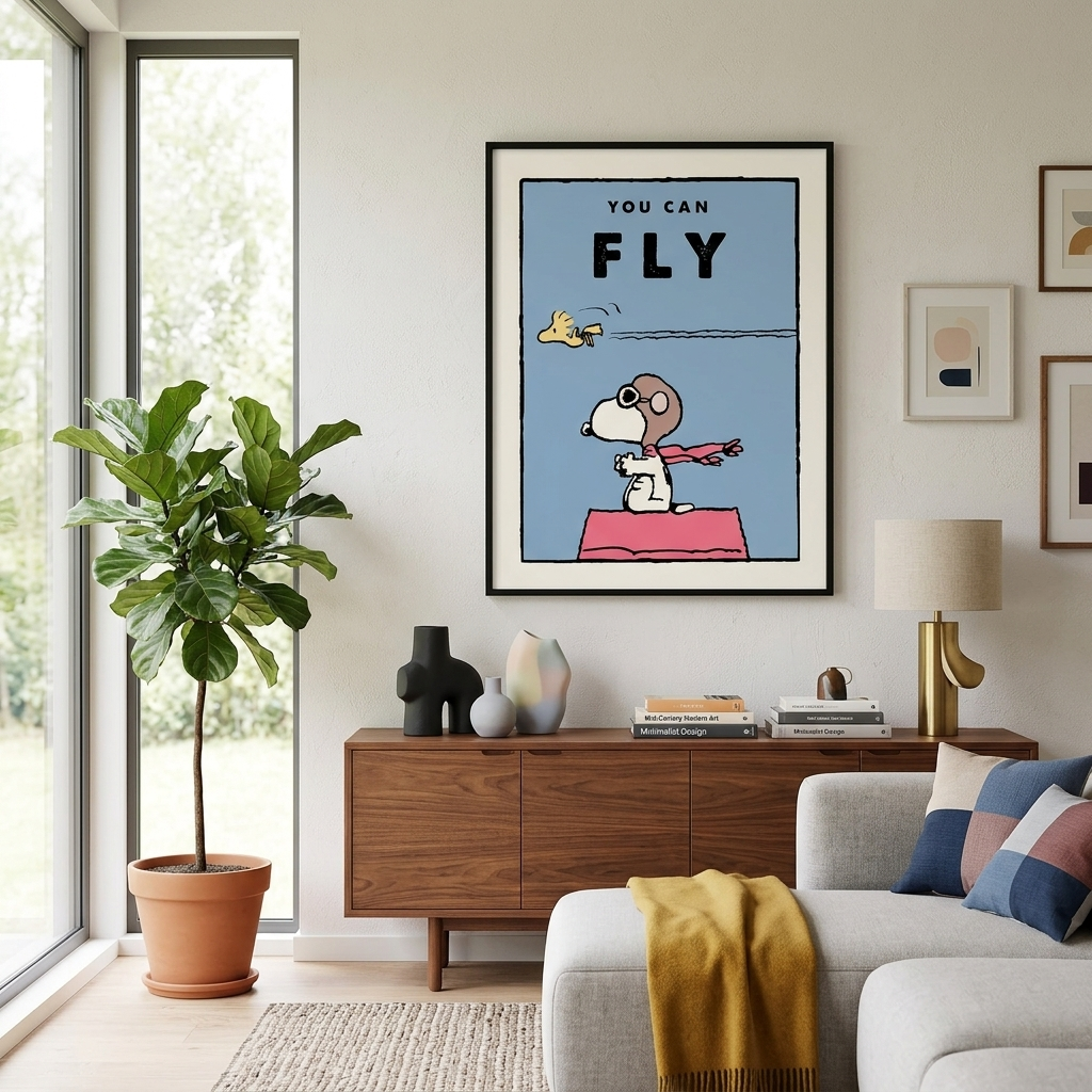 Ein Hündchen und ein Vogel mit den Worten „You Can Fly“ – motivierender Kunstdruck auf Leinwand