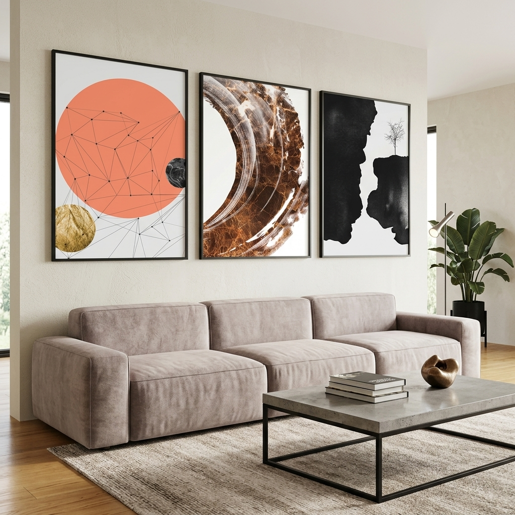 Modularer abstrakter Kunstdruck auf Leinwand, mehrteilig, Braun und Schwarz mit Orangetönen